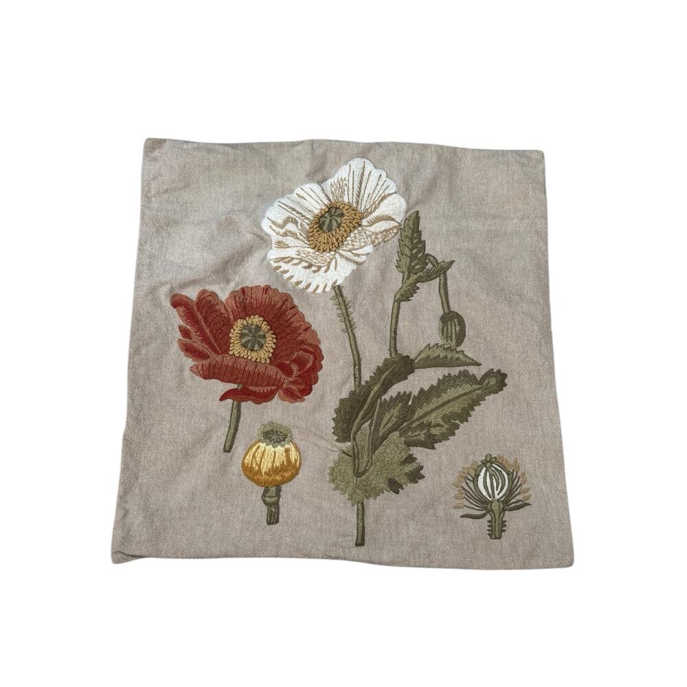 POTTERY BARN Country Poppies Pillow Sham 24x24 Tan Button Woven Cottage Nature